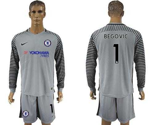 Chelsea #1 Begovic Grey Goalkeeper Long Sleeves Soccer Club Jersey