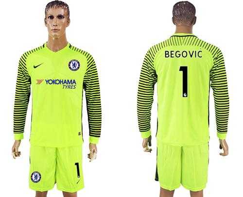 Chelsea #1 Begovic Shiny Green Goalkeeper Long Sleeves Soccer Club Jersey