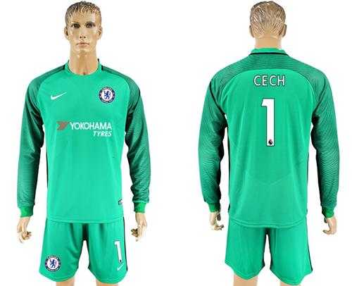 Chelsea #1 Cech Green Goalkeeper Long Sleeves Soccer Club Jersey