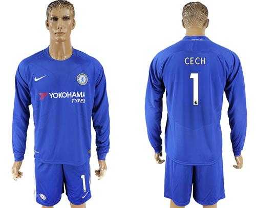 Chelsea #1 Cech Home Long Sleeves Soccer Club Jersey