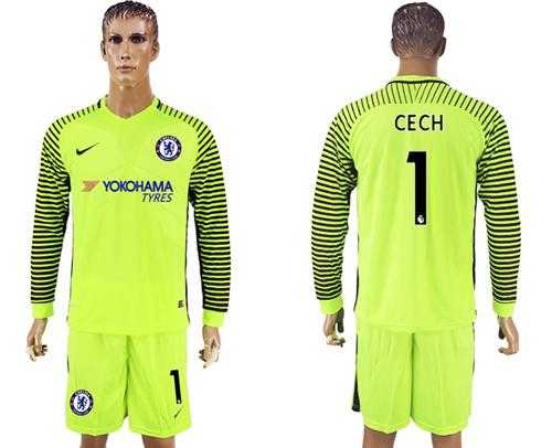 Chelsea #1 Cech Shiny Green Goalkeeper Long Sleeves Soccer Club Jersey