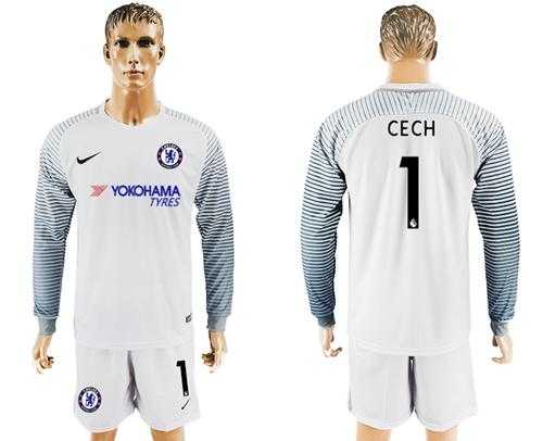 Chelsea #1 Cech White Goalkeeper Long Sleeves Soccer Club Jersey