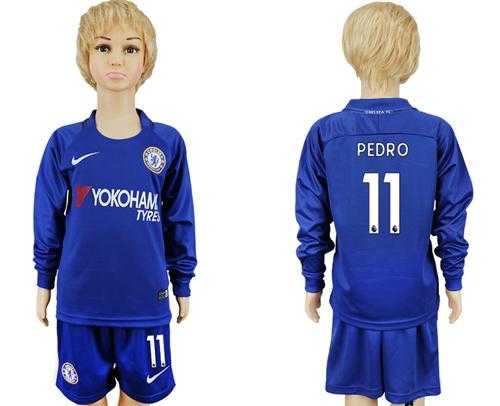 Chelsea #11 Pedro Home Long Sleeves Kid Soccer Club Jersey