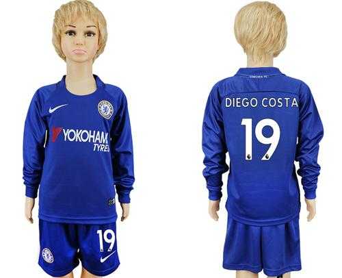 Chelsea #19 Diego Costa Home Long Sleeves Kid Soccer Club Jersey