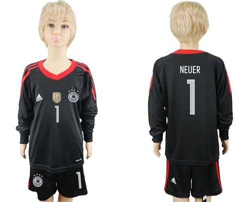 Germany #1 Neuer Black Goalkeeper Long Sleeves Kid Soccer Country Jersey