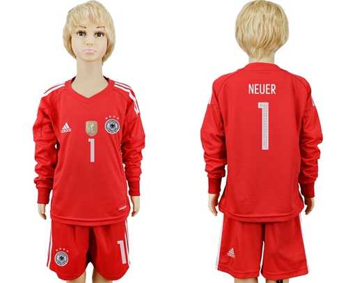 Germany #1 Neuer Red Goalkeeper Long Sleeves Kid Soccer Country Jersey