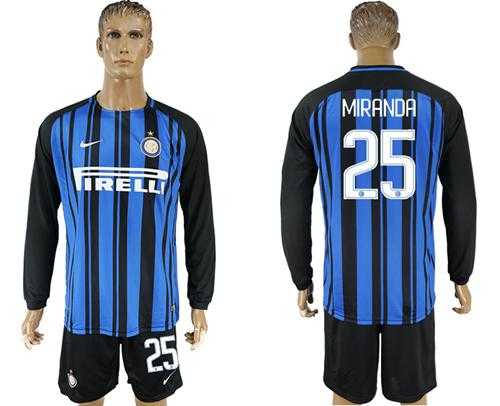 Inter Milan #25 Miranda Home Long Sleeves Soccer Club Jersey