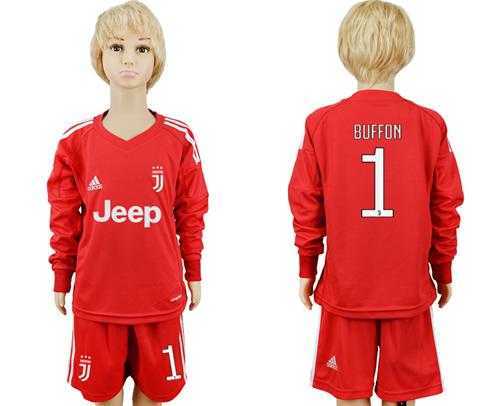 Juventus #1 Buffon Red Goalkeeper Long Sleeves Kid Soccer Club Jersey