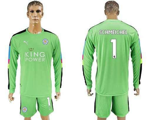 Leicester City #1 Schmeichel Green Goalkeeper Long Sleeves Soccer Club Jersey