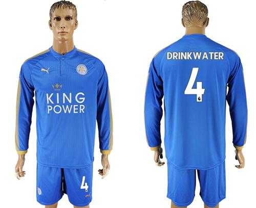 Leicester City #4 Drinkwater Home Long Sleeves Soccer Country Jersey