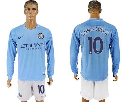 Manchester City #10 Kun Aguero Home Long Sleeves Soccer Club Jersey