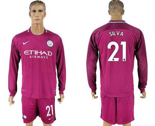 Manchester City #21 Silva Away Long Sleeves Soccer Club Jersey