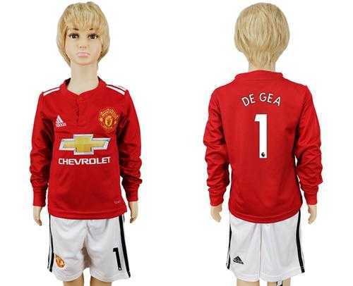 Manchester United #1 De Gea Home Long Sleeves Kid Soccer Club Jersey