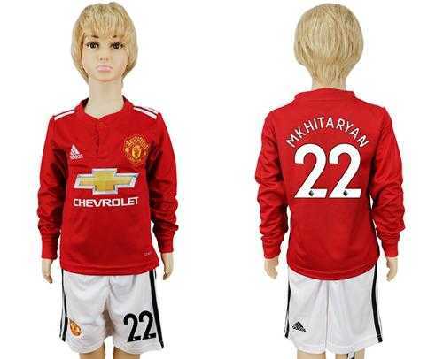 Manchester United #22 Mkhitaryan Home Long Sleeves Kid Soccer Club Jersey