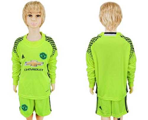 Manchester United Blank Shiny Green Goalkeeper Long Sleeves Kid Soccer Club Jersey