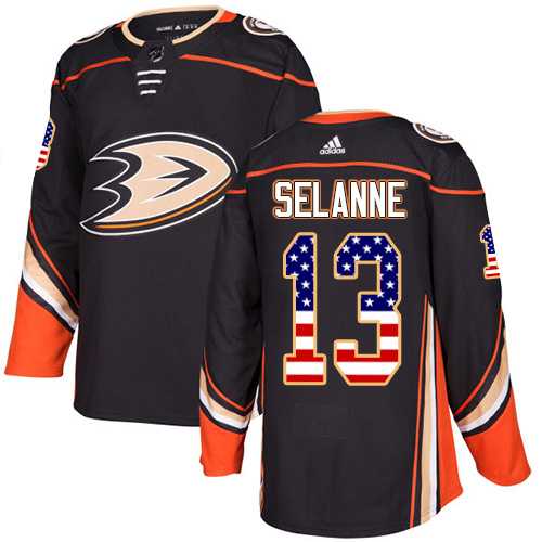 Men's Adidas Anaheim Ducks #13 Teemu Selanne Black Home Authentic USA Flag Stitched NHL Jersey