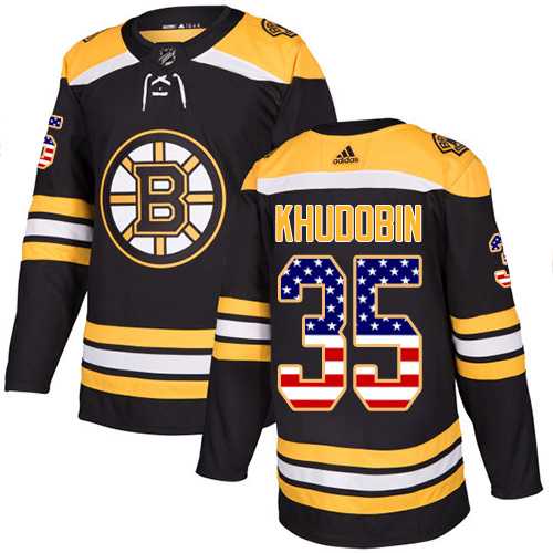Men's Adidas Boston Bruins #35 Anton Khudobin Black Home Authentic USA Flag Stitched NHL Jersey