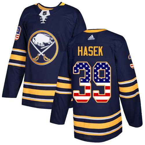 Men's Adidas Buffalo Sabres #39 Dominik Hasek Navy Blue Home Authentic USA Flag Stitched NHL Jersey