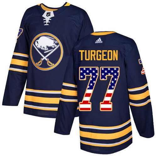 Men's Adidas Buffalo Sabres #77 Pierre Turgeon Navy Blue Home Authentic USA Flag Stitched NHL Jersey