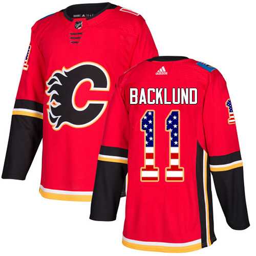 Men's Adidas Calgary Flames #11 Mikael Backlund Red Home Authentic USA Flag Stitched NHL Jersey
