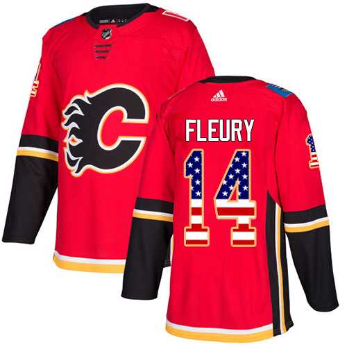 Men's Adidas Calgary Flames #14 Theoren Fleury Red Home Authentic USA Flag Stitched NHL Jersey