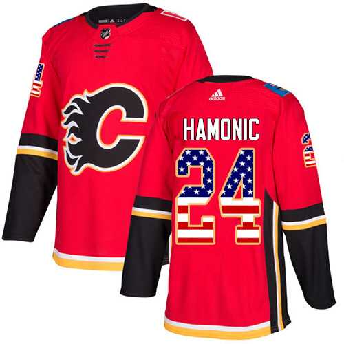 Men's Adidas Calgary Flames #24 Travis Hamonic Red Home Authentic USA Flag Stitched NHL Jersey