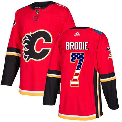 Men's Adidas Calgary Flames #7 TJ Brodie Red Home Authentic USA Flag Stitched NHL Jersey