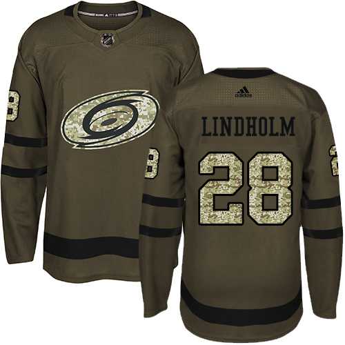 Men's Adidas Carolina Hurricanes #28 Elias Lindholm Green Salute to Service Stitched NHL Jersey