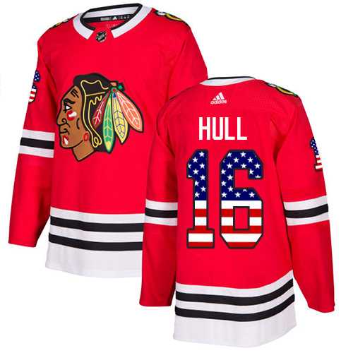 Men's Adidas Chicago Blackhawks #16 Bobby Hull Red Home Authentic USA Flag Stitched NHL Jersey