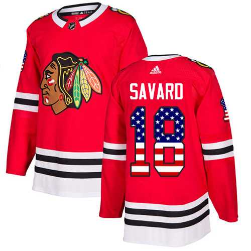 Men's Adidas Chicago Blackhawks #18 Denis Savard Red Home Authentic USA Flag Stitched NHL Jersey