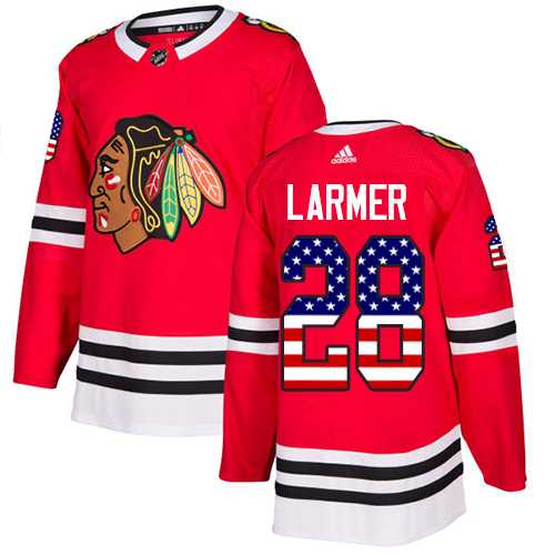 Men's Adidas Chicago Blackhawks #28 Steve Larmer Red Home Authentic USA Flag Stitched NHL Jersey