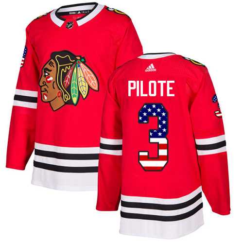 Men's Adidas Chicago Blackhawks #3 Pierre Pilote Red Home Authentic USA Flag Stitched NHL Jersey