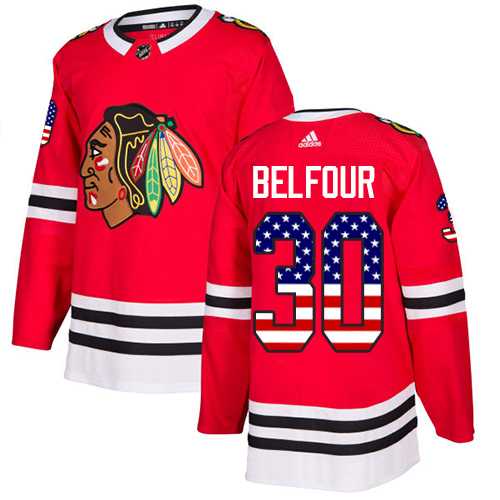 Men's Adidas Chicago Blackhawks #30 ED Belfour Red Home Authentic USA Flag Stitched NHL Jersey