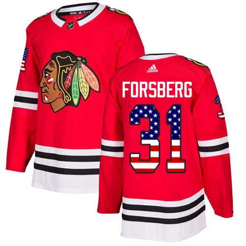 Men's Adidas Chicago Blackhawks #31 Anton Forsberg Red Home Authentic USA Flag Stitched NHL Jersey