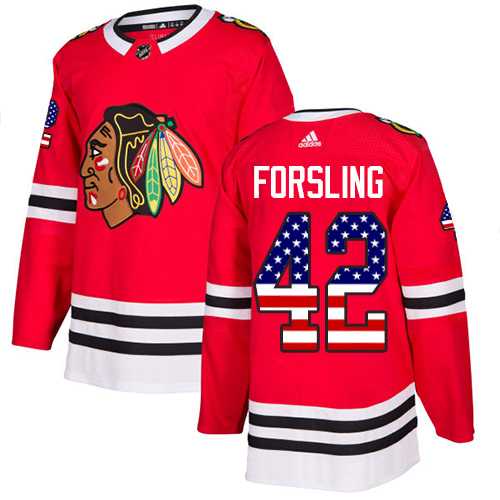 Men's Adidas Chicago Blackhawks #42 Gustav Forsling Red Home Authentic USA Flag Stitched NHL Jersey