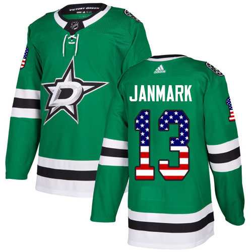 Men's Adidas Dallas Stars #13 Mattias Janmark Green Home Authentic USA Flag Stitched NHL Jersey