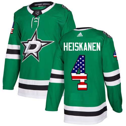 Men's Adidas Dallas Stars #4 Miro Heiskanen Green Home Authentic USA Flag Stitched NHL Jersey