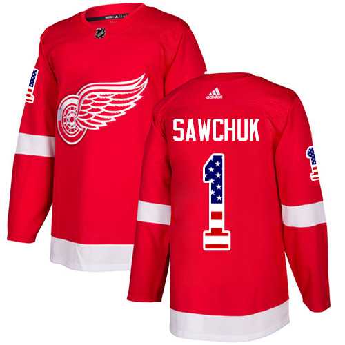Men's Adidas Detroit Red Wings #1 Terry Sawchuk Red Home Authentic USA Flag Stitched NHL Jersey