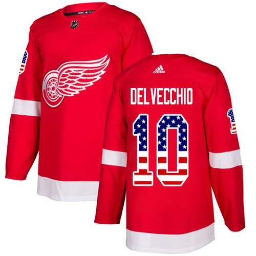Men's Adidas Detroit Red Wings #10 Alex Delvecchio Red Home Authentic USA Flag Stitched NHL Jersey