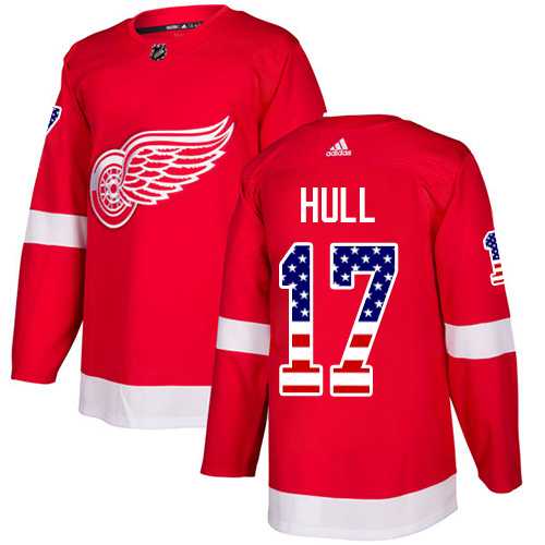 Men's Adidas Detroit Red Wings #17 Brett Hull Red Home Authentic USA Flag Stitched NHL Jersey