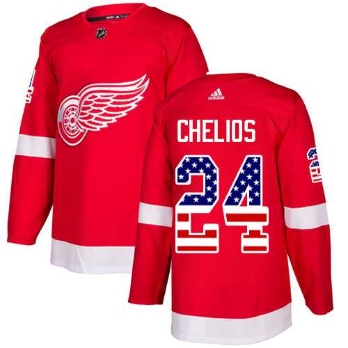 Men's Adidas Detroit Red Wings #24 Chris Chelios Red Home Authentic USA Flag Stitched NHL Jersey