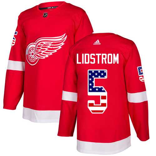 Men's Adidas Detroit Red Wings #5 Nicklas Lidstrom Red Home Authentic USA Flag Stitched NHL Jersey