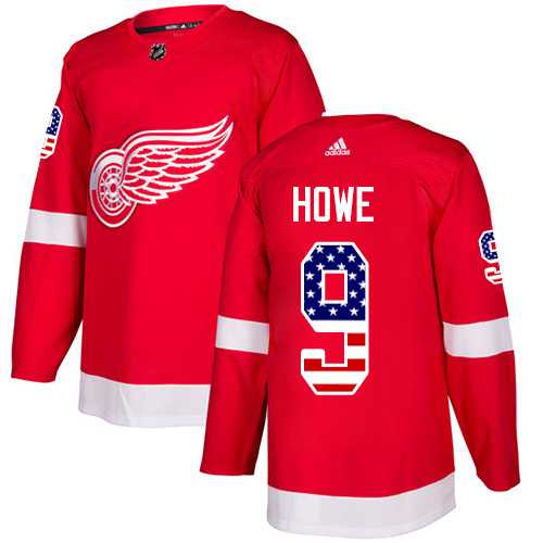 Men's Adidas Detroit Red Wings #9 Gordie Howe Red Home Authentic USA Flag Stitched NHL Jersey