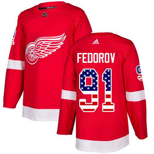 Men's Adidas Detroit Red Wings #91 Sergei Fedorov Red Home Authentic USA Flag Stitched NHL Jersey