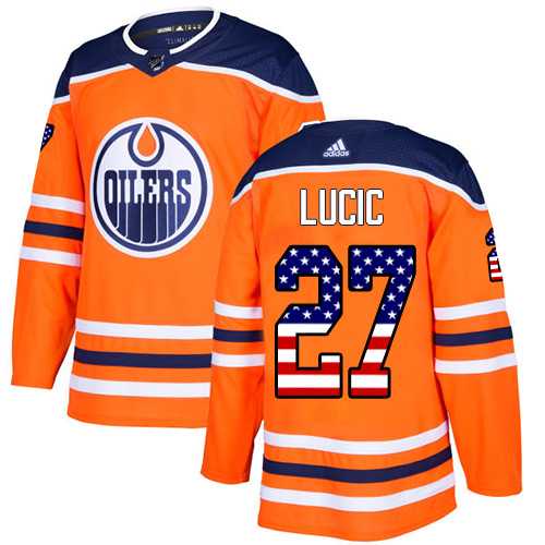 Men's Adidas Edmonton Oilers #27 Milan Lucic Orange Home Authentic USA Flag Stitched NHL Jersey