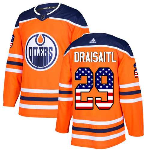 Men's Adidas Edmonton Oilers #29 Leon Draisaitl Orange Home Authentic USA Flag Stitched NHL Jersey