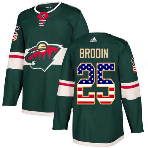 Men's Adidas Minnesota Wild #25 Jonas Brodin Green Home Authentic USA Flag Stitched NHL Jersey