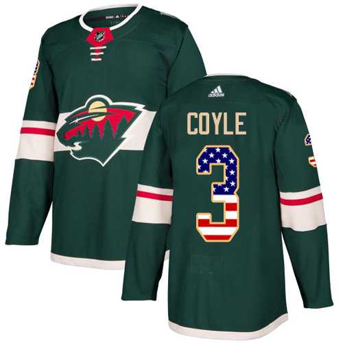 Men's Adidas Minnesota Wild #3 Charlie Coyle Green Home Authentic USA Flag Stitched NHL Jersey