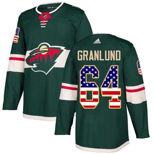 Men's Adidas Minnesota Wild #64 Mikael Granlund Green Home Authentic USA Flag Stitched NHL Jersey
