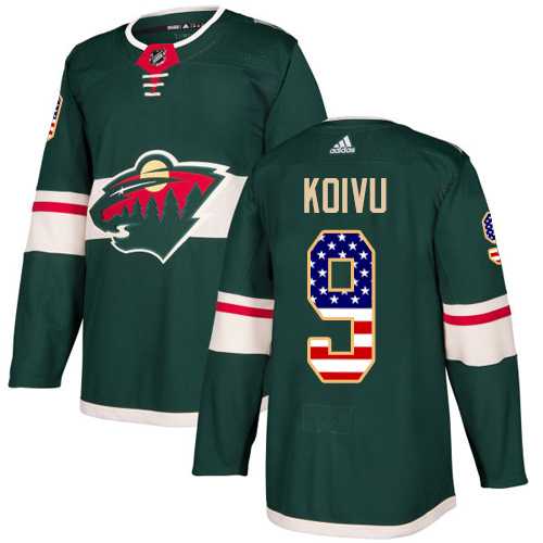 Men's Adidas Minnesota Wild #9 Mikko Koivu Green Home Authentic USA Flag Stitched NHL Jersey